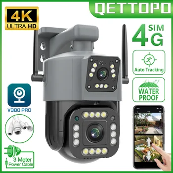 Qettopo 4K 8MP Двухобъективная 4G SIM-камера Наружная WiFi PTZ С Двойным Экраном Автоматическое Отслеживание Безопасности CCTV Камера Видеонаблюдения V380
