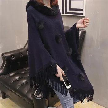 Женское пальто с имитацией меха кролика, имитация шерстяного воротника, пуловер, шаль, Теплое пончо, накидки, темно-синие плащи