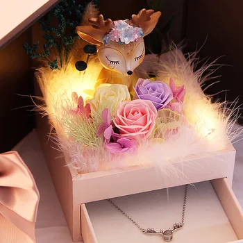 День рождения, День Святого Валентина, День матери, Годовщина свадьбы, ожерелье, подарочная коробка, олень, роза, мыльный цветок, Букет искусственных цветов для подарка