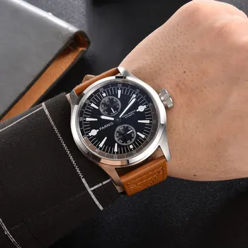 Роскошные мужские часы parnis с черным циферблатом 46 мм, запас хода, кожа, ST 2542, механизм с автоподзаводом