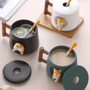 420 мл, Мультяшная керамическая Кофейная кружка с милым 3D рисунком Сиба-Ину с крышкой, Ложка, Любимый подарок для девочек, Чай с молоком, Креативные чашки для завтрака