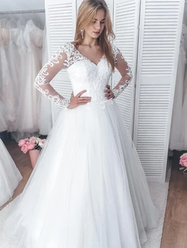 Свадебное платье Белого цвета для женщин 2021, Простое Свадебное платье Трапециевидной формы с длинным рукавом и шлейфом, Кружевные аппликации, V-образный вырез, Элегантная длина до пола