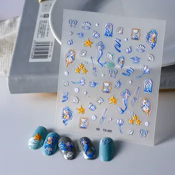 Коллекция Ocean, наклейки для ногтей с тиснением, 5D, Синий Дизайн с рисунком Русалки, Декоративные Слайдерные наклейки для ногтей, типсы для ногтей