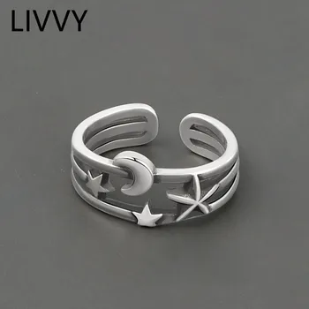 LIVVY Тайский Серебряный Цвет, открывающиеся регулируемые кольца для женщин, три слоя, гладкая звезда, Луна, геометрический ювелирный подарок