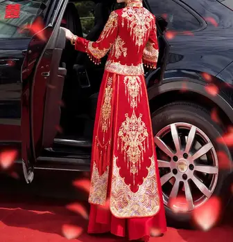 Китайское свадебное платье Женское Длинное Роскошное со стразами Hanfu Bride Красное Винтажное блестящее