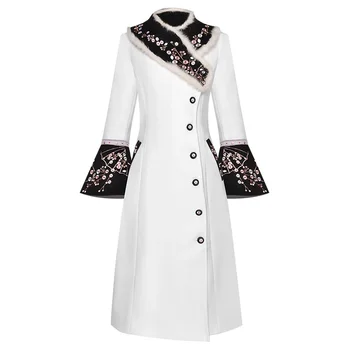 Модное Дизайнерское шерстяное пальто, Зимнее Женское пальто с воротником из кроличьего меха, Длинный рукав, Вышивка, Элегантное Теплое пальто