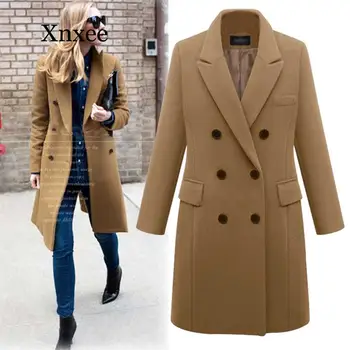 Негабаритное пальто, Женская зимняя теплая утепленная Двубортная Ветрозащитная куртка, Приталенные Длинные Шерстяные пальто Элегантного цвета Хаки