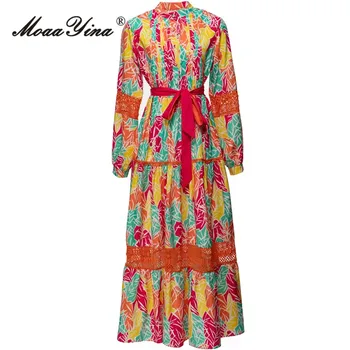 Модное дизайнерское платье MoaaYina, весенне-летнее женское платье с длинным рукавом-фонариком, пояс, тонкое винтажное свободное длинное платье с геометрическим принтом