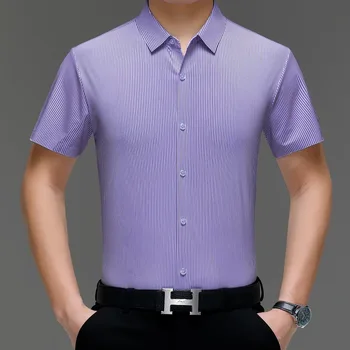 Летняя брендовая мужская рубашка в полоску из Шелка Тутового цвета, Не Глаженная, Повседневная подкладка, Мягкая мужская рабочая одежда в винтажном стиле