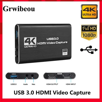 Grwibeou Карта Видеозахвата 4K USB 3.0, совместимая с HDMI, 1080P 60 кадров в секунду, HD-Видеомагнитофон, Граббер Для OBS-захвата игровой карты в реальном времени