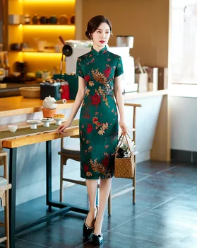 Сексуальное китайское женское платье Ципао с воротником-стойкой и коротким рукавом, традиционный жаккардовый атлас длиной до колен, Чонсам
