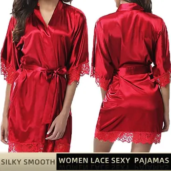 Женская Пижама из Ледяного шелка, Халаты, Пижамы, Ночные рубашки, Ночная рубашка, Красный, Черный, L, XL, Кружевная, Гладкая, Удобная, Повседневная, чистый цвет