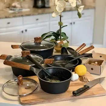 Набор посуды с антипригарным покрытием, набор кастрюль и сковородок из литого алюминия, черный