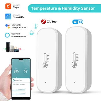 Zigbee/WiFi Умный датчик температуры и влажности, Гигрометр для помещений, термометр, приложение, монитор в режиме реального времени, работает с Alexa Google