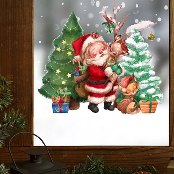 Веселая Рождественская елка и подарочная коробка Санта-Клауса, наклейки на стену для гостиной, спальни, стеклянного окна, Декоративные наклейки для дома, наклейки