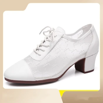 Новые Современные женские туфли для Латиноамериканских танцев из натуральной кожи, женские туфли для бального танго, обувь для танцев, мягкая замшевая подошва, черный, белый, каблук 5 см