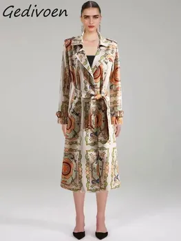 Gedivoen/ Летние Модные дизайнерские тренчи с принтом в винтажном стиле, женские пояса с лацканами, присборенные на талии, тонкие Длинные тренчи, пальто