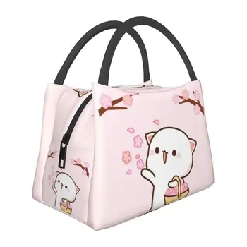 Женская сумка для ланча с изоляцией Kawaii Mochi Cat, Персик и Гома, Водонепроницаемый термосумка-холодильник для рабочего пикника