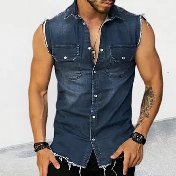 Мужской джинсовый жилет, футболка, кардиган без рукавов с отворотом, топ для мускулистых мужчин