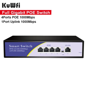 KuWFi Полный Гигабитный коммутатор POE, 4 Порта, Стандартный коммутатор RJ45 10/100/1000 Мбит/с, Поддержка 802.3af/at Для IP-камеры