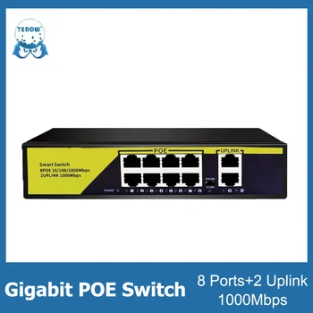 TEROW Гигабитный коммутатор POE 10 Портов 1000 Мбит/с Ethernet Быстрый коммутатор 8 Портов с 2 портами восходящей линии Связи Для IP-камеры/Беспроводной точки доступа/Wifi-маршрутизатора