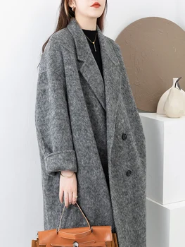 Осенне-зимнее модное двустороннее кашемировое шерстяное пальто высокого класса, женское двубортное пальто из кроличьей шерсти средней и длинной длины