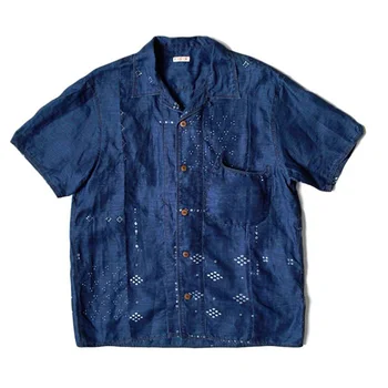 KAPITAL 24SS, японская ретро-джинсовая ткань, окрашенная в синий цвет, Хлопчатобумажная Мужская рубашка с короткими рукавами