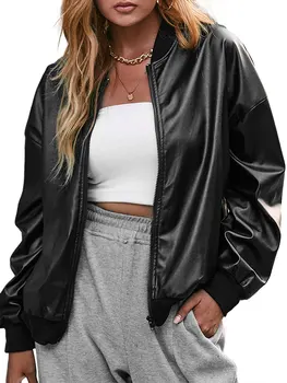 Женская байкерская куртка из искусственной кожи с застежкой-молнией и стегаными деталями - Стильная верхняя одежда для уличной моды Y2K