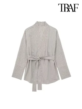 TRAF/ Женская модная куртка-кимоно в полоску с поясом, пальто, Винтажная Женская верхняя одежда с длинными отложными рукавами, Шикарные топы