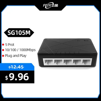FEIYI SG105M Гигабитный коммутатор Ethernet 1000 Мбит/с, 5-Портовый Настольный сетевой коммутатор Ethernet, Быстрый концентратор локальной сети, Полный/Полудуплексный Подключи и играй