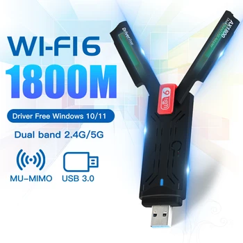 WiFi 6 USB3.0 Сетевой адаптер Двухдиапазонный 1800 Мбит/с 2,4 ГГц и 5 ГГц Беспроводной Антенный приемник Wi-Fi Карта Для Windows10/11 БЕЗ ДРАЙВЕРА