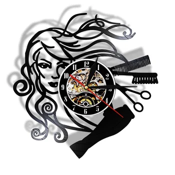 Салон красоты Виниловая Пластинка Настенные часы Парикмахер-салон Ручной работы Настенные часы Парикмахерские подарки для женщин