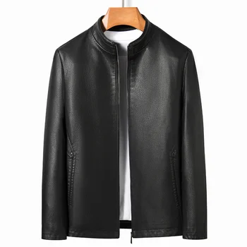 YN-2263, Осенне-весенняя мужская куртка со стоячим воротником, тонкая секция из натуральной кожи, Плюс Бархатная модная куртка, молодежная мотоциклетная
