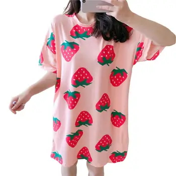 Пижамное платье с круглым вырезом и коротким рукавом, Свободное платье для сна с сумкой для хранения, летняя ночная рубашка с милым розовым сердечком для девочек