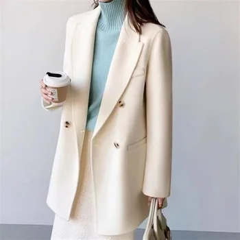2023 Новое шерстяное пальто, женская двубортная двусторонняя куртка, пригородный европейский и американский костюм средней длины, пальто с воротником