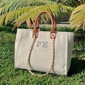 Изготовленная на заказ роскошная холщовая сумка-тоут на цепочке, сумка-тоут с монограммой, холщовая сумка-тоут для пляжных покупок на цепочке, персонализированная сумка для выходных