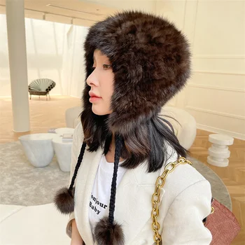 Элегантная женская высококачественная меховая шапка из роскошного соболиного материала, тканая шапка для защиты ушей, зимняя высококачественная теплая шапка