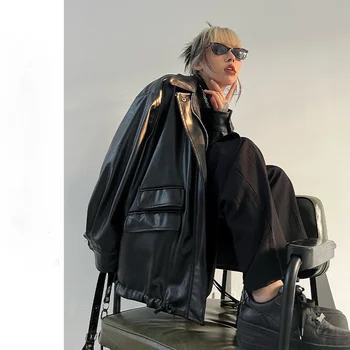 QWEEK Уличная Одежда, Черные Куртки из искусственной кожи, Женские пальто с длинным рукавом, карман Y2K, Осенне-весенняя женская куртка в готическом стиле в стиле панк