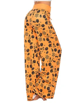 Женский пижамный комплект на Хэллоуин с завязками на высокой талии с изображением тыкв и принтом призрака, мягкие широкие брюки для сна и
