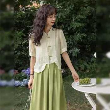 Женский летний комплект из двух частей с рубашкой и юбкой в китайском стиле, улучшенный топ на пуговицах + юбка-чонсам Hanfu Lady Set