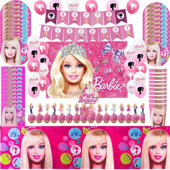 Розовая девушка Барби, украшение для Дня рождения, Принадлежности для Вечеринок, баннер с воздушным шаром, фон, посуда, Топпер для торта, Детский душ