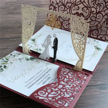Бордовое приглашение на брак, свадебная открытка, сельская любовь, кружевные полые цветочные всплывающие открытки, индивидуальный дизайн