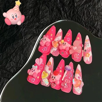 Kirby Kawaii Pink Ручная работа По индивидуальному заказу Y2K Длинные Ногти Нажимаются На Многоразовые Съемные Накладные ногти Художественные Наконечники Французские Модные Ногти